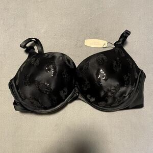 Victoria's Secret Bra 36C Black Sequin Bombshell Plunge Padded 2 Cup Size PushUp